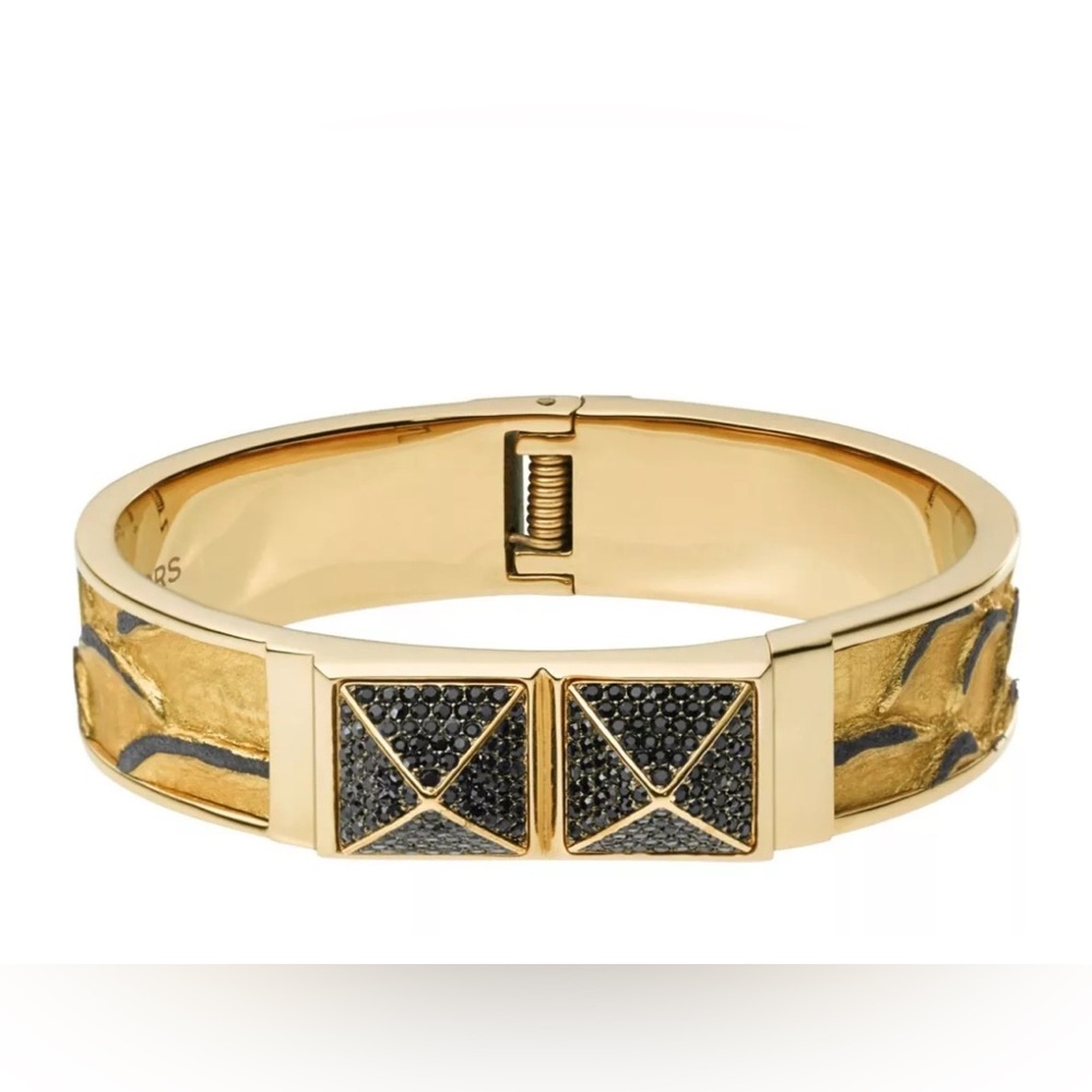 MICHAEL KORS GOLD TONE+PYTHON LEATHER+BLACK CRYSTAL STUD BANGLE BRACELET MKJ2890